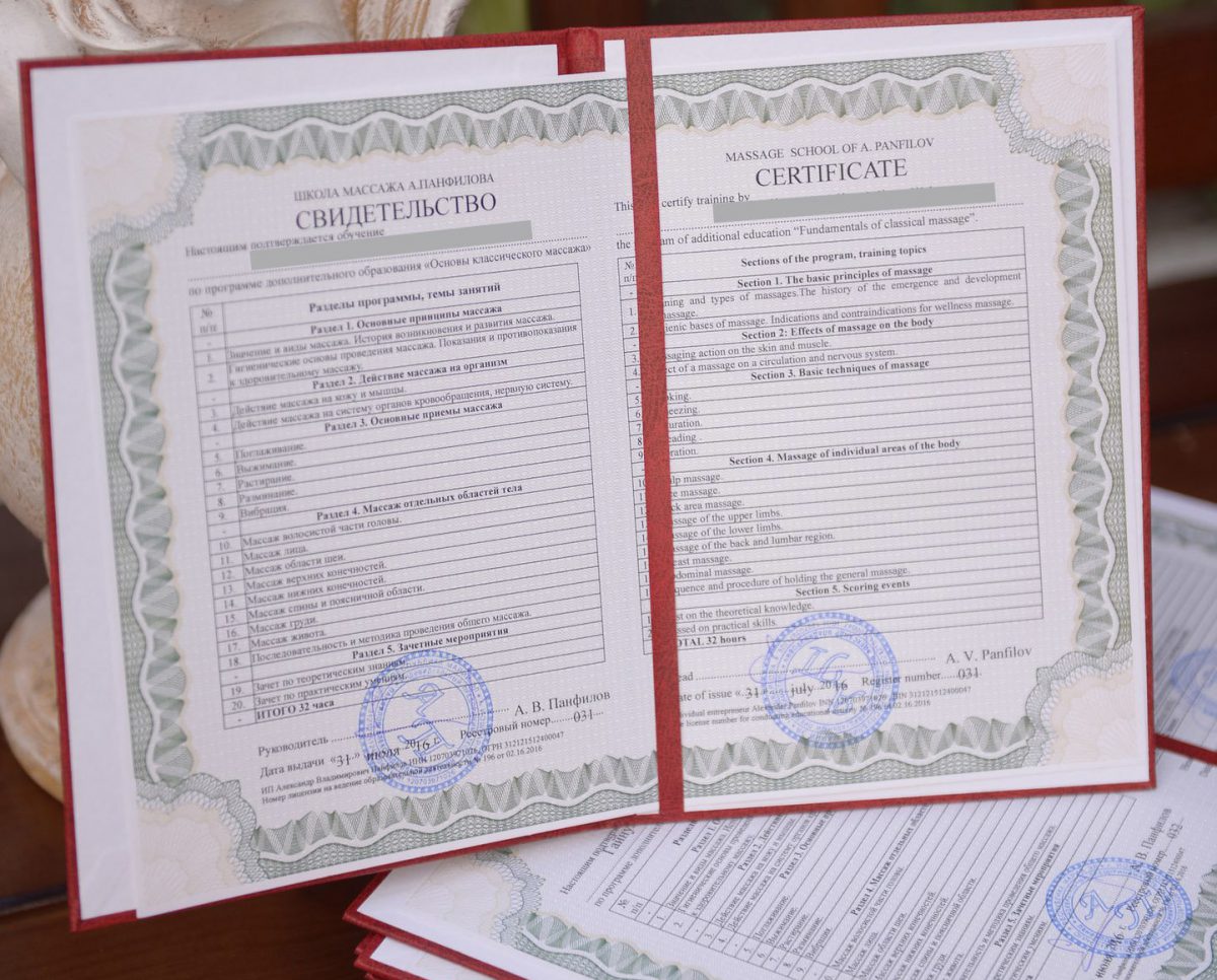 Документ установленного образца выдаваемый студентам окончившим курсы массажа школы Панфилова еще